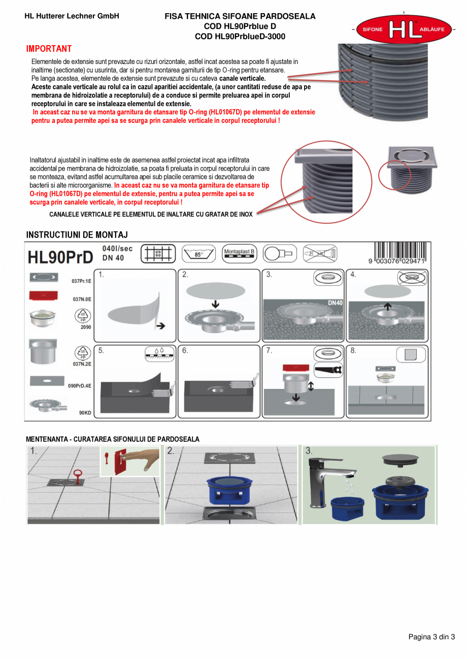 Pagina 3-Fisa tehnica - Sifon pardoseala - HL90PrBlueD si HL90PrblueD-3000 HL Hutterer & Lechner Fisa...