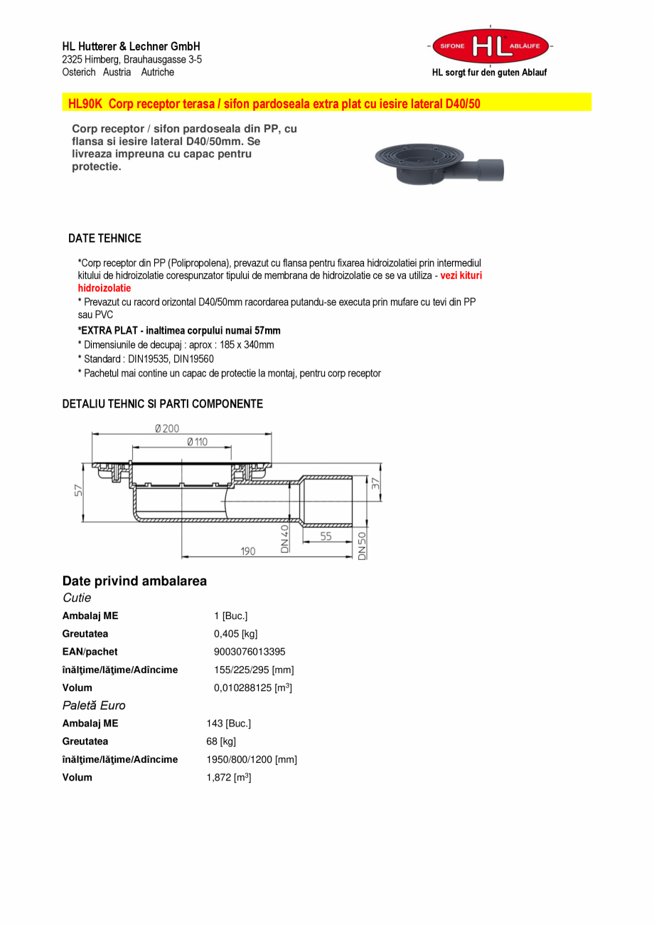 Pagina 1-Fisa tehnica - Corp receptor_corp sifon pardoseala HL Hutterer & Lechner HL90K Fisa tehnica...