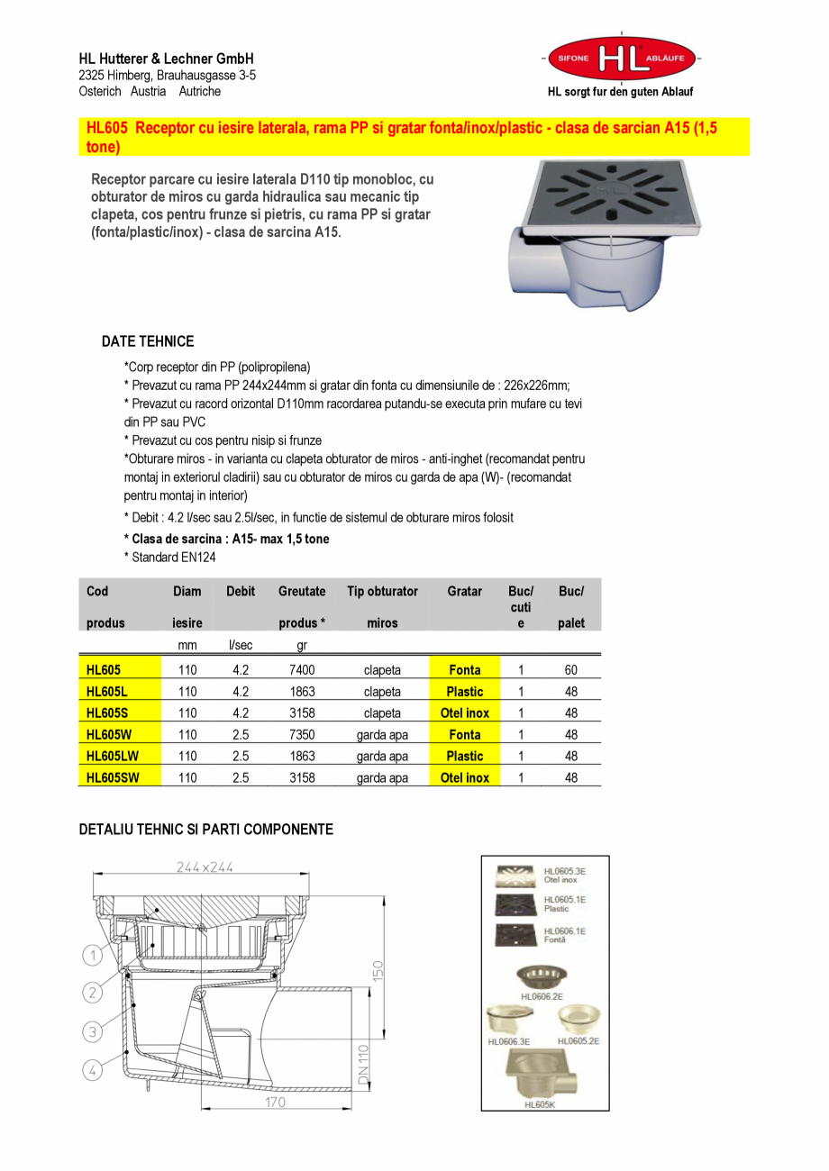 Pagina 1-Receptor cu iesire laterala, rama PP si gratar fonta/inox/plastic HL Hutterer & Lechner HL605...