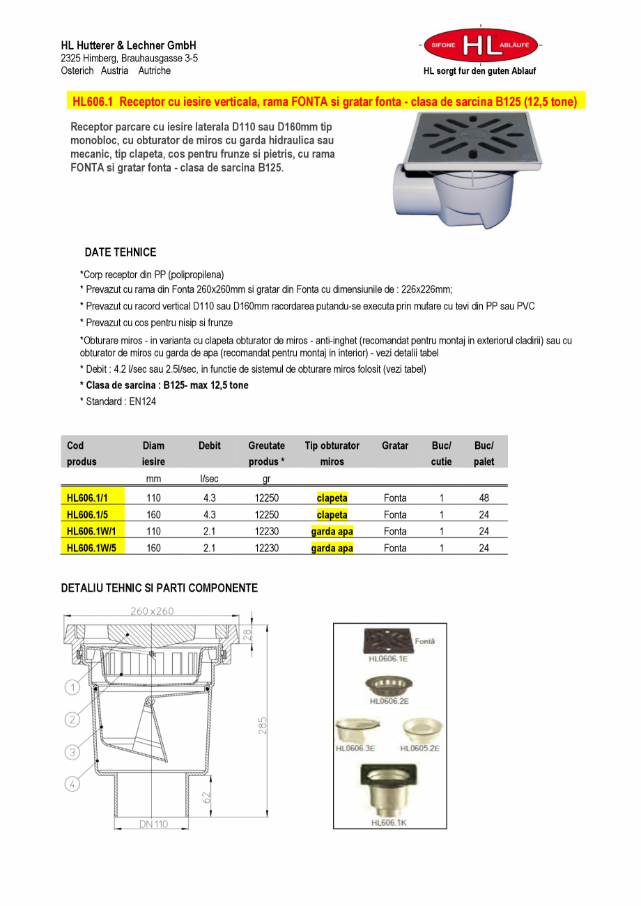 Pagina 1-Receptor cu iesire verticala, rama fonta si gratar fonta HL Hutterer & Lechner HL606.1  Fisa...
