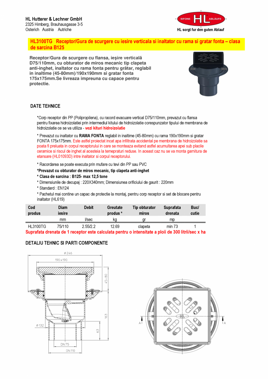 Pagina 1-Receptor/Gura de scurgere cu iesire verticala si inaltator cu rama si gratar fonta HL Hutterer &...