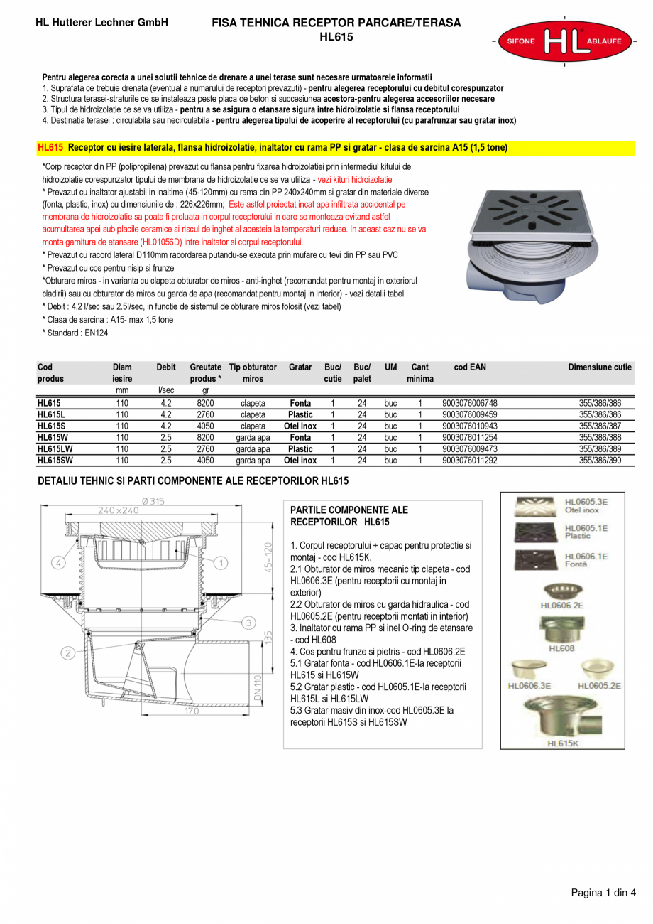 Pagina 1-Receptor cu iesire laterala, flansa hidroizolatie, inaltator cu rama PP si gratar HL Hutterer & ...