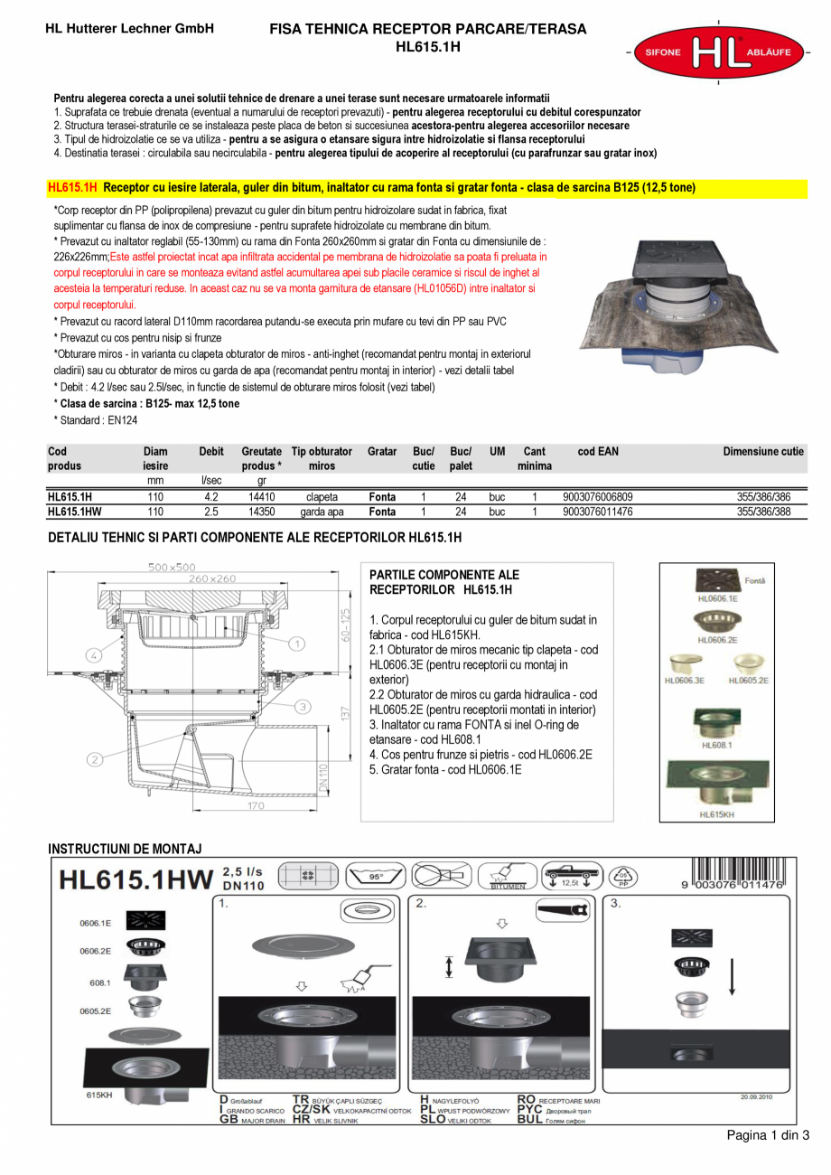 Pagina 1-Receptor cu iesire laterala, guler din bitum, inaltator cu rama fonta si gratar fonta HL Hutterer...