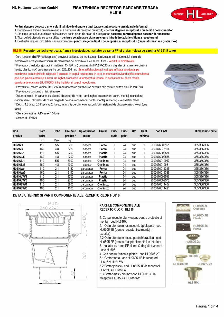 Pagina 1-Receptor cu iesire verticala, flansa hidroizolatie, inaltator cu rama PP si gratar HL Hutterer &...