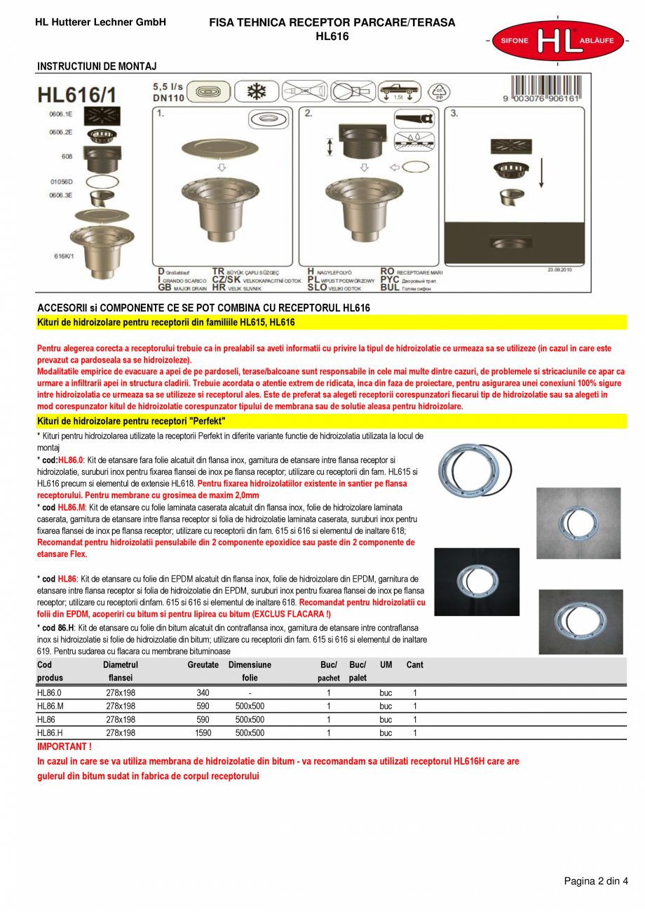 Pagina 2-Receptor cu iesire verticala, flansa hidroizolatie, inaltator cu rama PP si gratar HL Hutterer &...