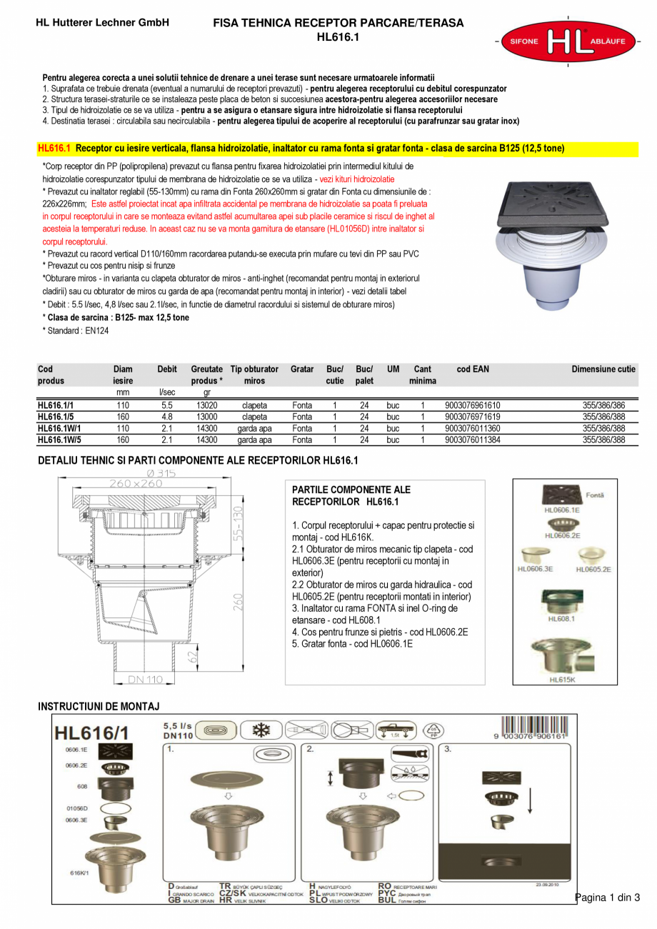 Pagina 1-Receptor cu iesire verticala, flansa hidroizolatie, inaltator cu rama fonta si gratar fonta HL...