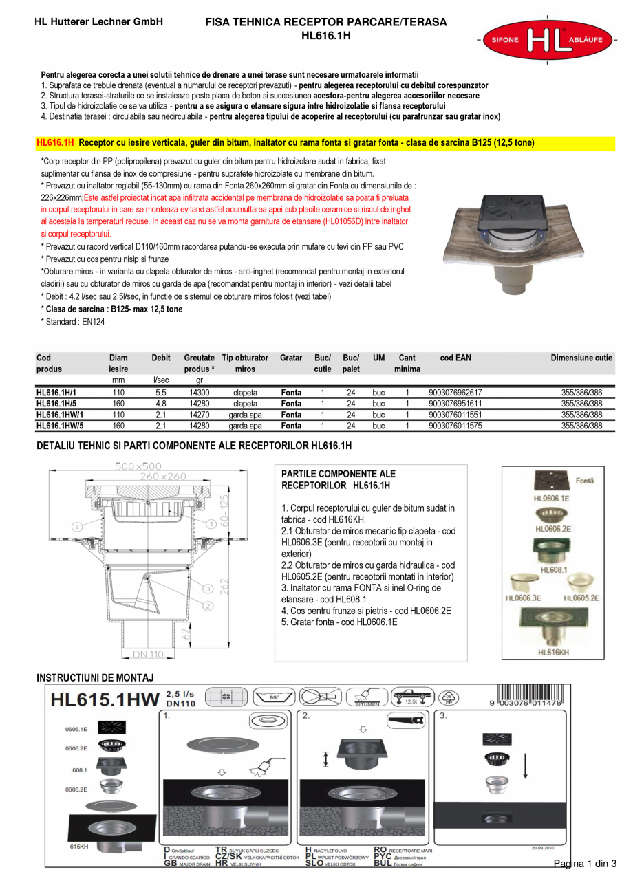 Pagina 1-Receptor cu iesire verticala, guler din bitum, inaltator cu rama fonta si gratar fonta HL Hutterer...