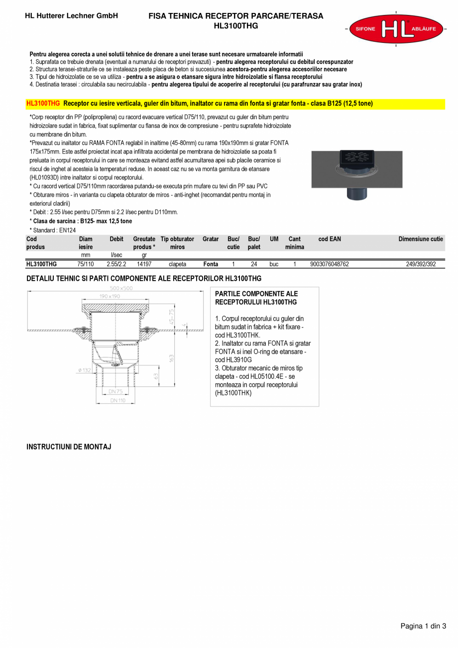 Pagina 1-Receptor cu iesire verticala, guler din bitum, inaltator cu rama din fonta si gratar fonta HL...