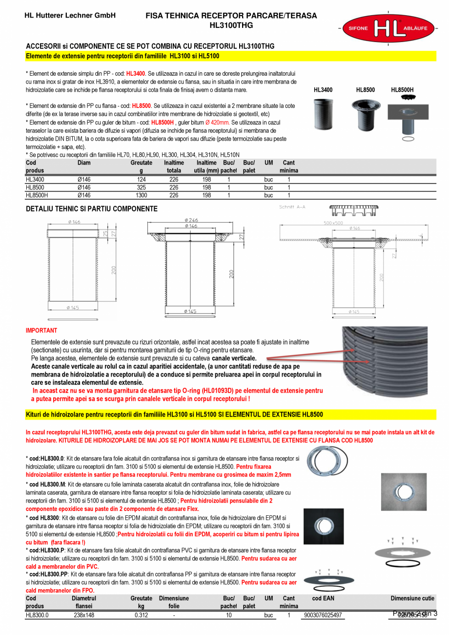 Pagina 2-Receptor cu iesire verticala, guler din bitum, inaltator cu rama din fonta si gratar fonta HL...