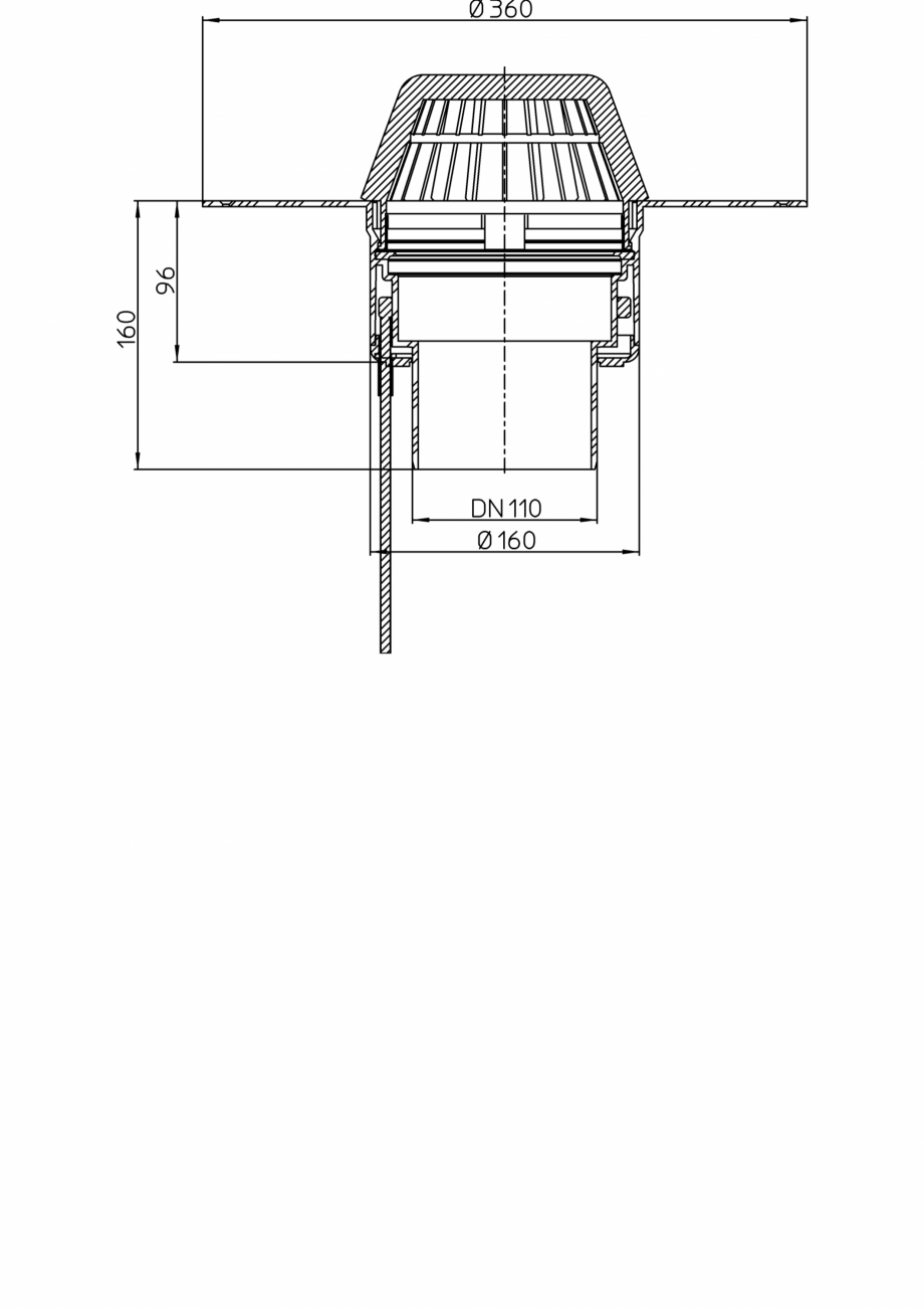 Pagina 1-Desen tehnic: Receptor cu scurgere verticala pentru acoperis plat, cu guler din PP si incalzire HL62...