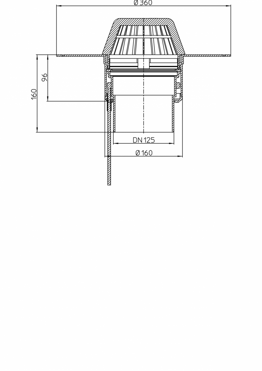 Pagina 1-Desen tehnic: Receptor cu scurgere verticala pentru acoperis plat, cu guler din PP si incalzire HL62...