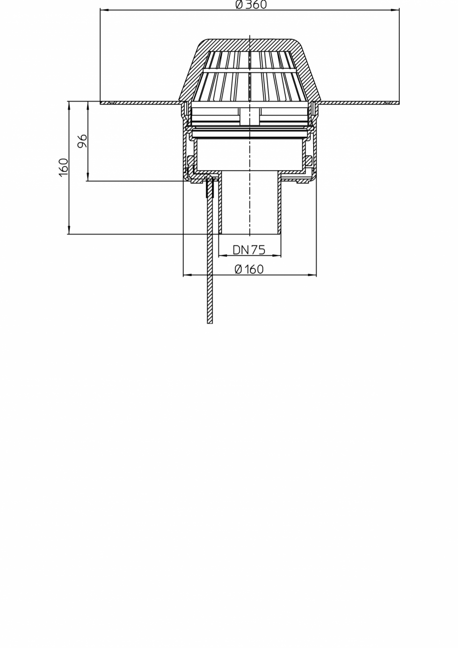 Pagina 1-Desen tehnic: Receptor cu scurgere verticala pentru acoperis plat, cu guler din PP si incalzire HL62...