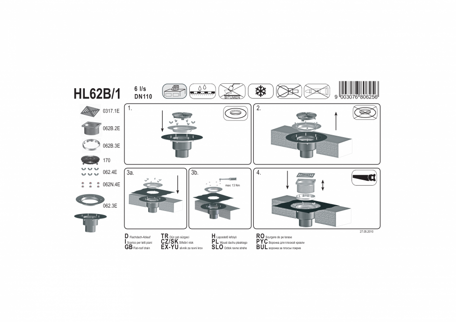Pagina 1-Exemplu montaj: Receptor pentru acoperis circulabil cu guler izolator, gratar si flansa HL62B/1 HL...