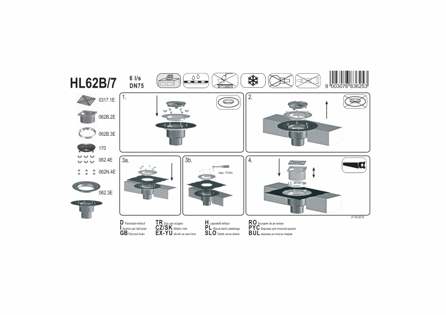 Pagina 1-Exemplu montaj: Receptor pentru acoperis circulabil cu guler izolator, gratar si flansa HL62B/7 HL...