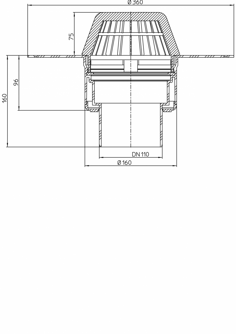 Pagina 1 - Desen tehnic: Receptor pentru acoperis plat, cu scurgere verticala, cu guler din PP...