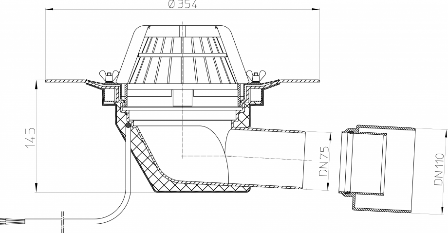 Pagina 1-Desen tehnic: Receptor pentru acoperis DN75/110 cu iesire orizontala, cu element de incalzire HL...