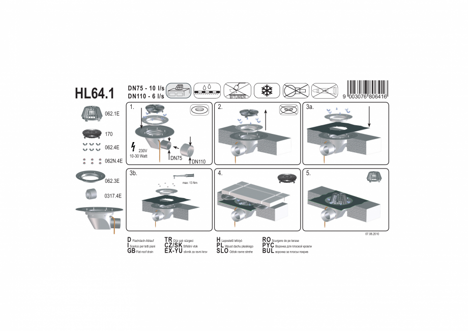 Pagina 1-Exemplu montaj: Receptor pentru acoperis DN75/110 cu iesire orizontala, cu element de incalzire HL...