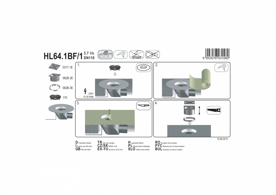 Pagina 1-Exemplu montaj: Receptor pentru acoperis cu scurgere orizontala, cu guler din PP, element incalzire ...
