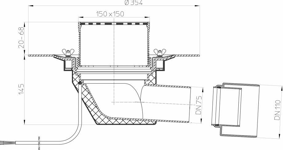 Pagina 1-Desen tehnic: Receptor cu iesire orizontala pentru acoperis circulabil, cu element de incalzire HL...