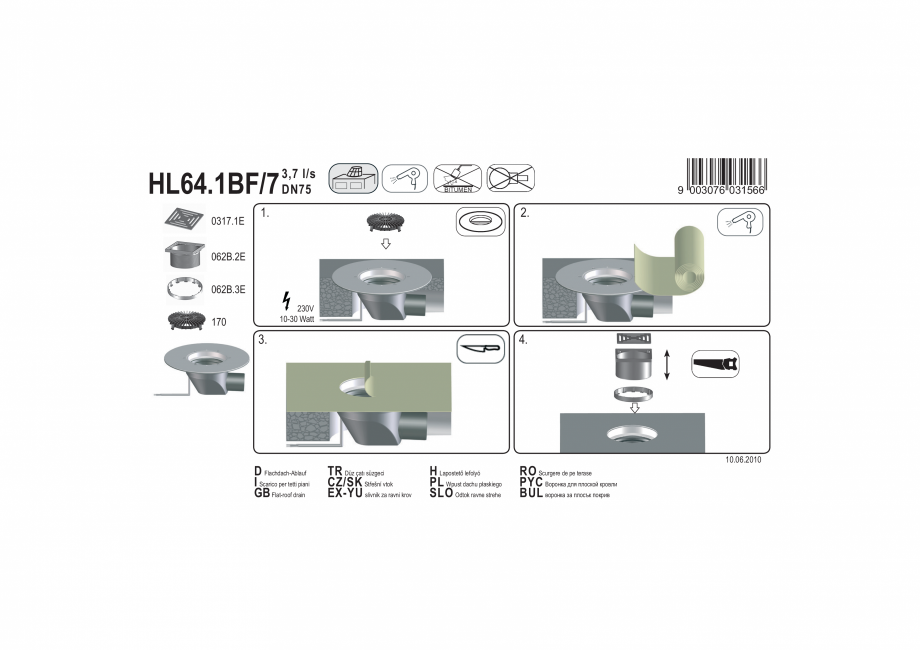 Pagina 1-Exemplu montaj: Receptor pentru acoperis cu scurgere orizontala, cu guler din PP, element incalzire ...