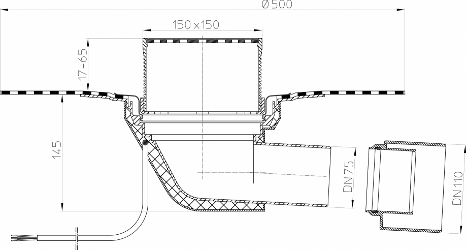 Pagina 1-Desen tehnic: Receptor cu iesire orizontala pentru acoperis circulabil, cu element incalzire HL...
