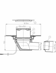 Desen tehnic Receptor cu scurgere orizontala pentru acoperis cu guler din PP incalzire si gratar pentru