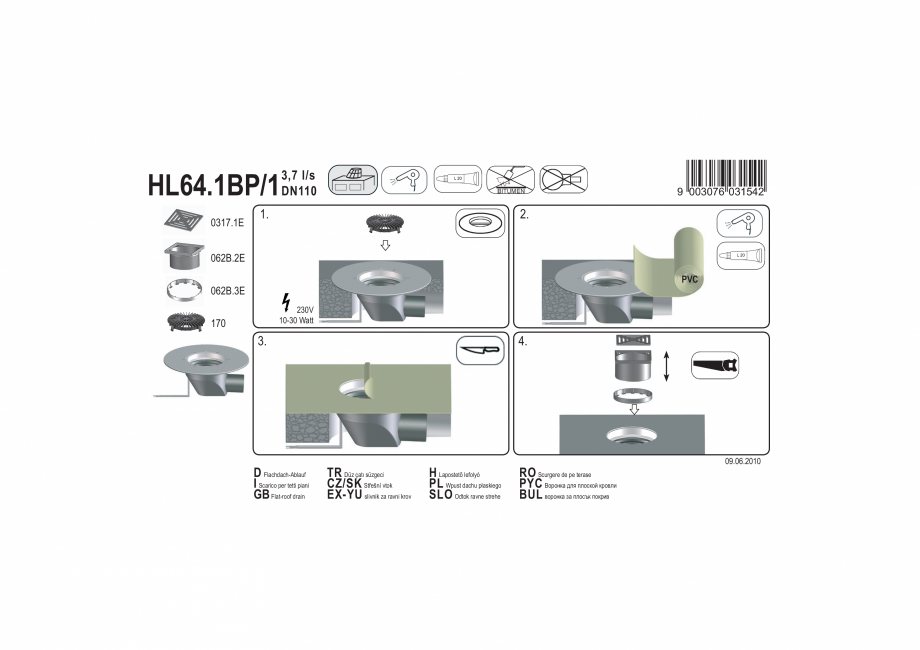 Pagina 1-Exemplu montaj: Receptor cu scurgere orizontala pentru acoperis, cu guler din PP, incalzire si...