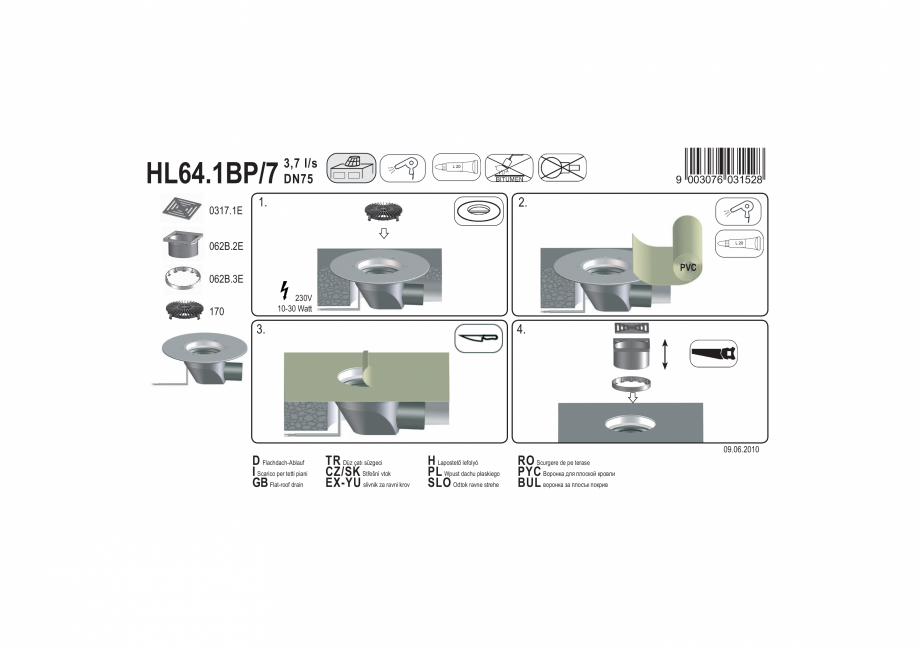Pagina 1-Exemplu montaj: Receptor cu scurgere orizontala pentru acoperis, cu guler din PP, incalzire si...