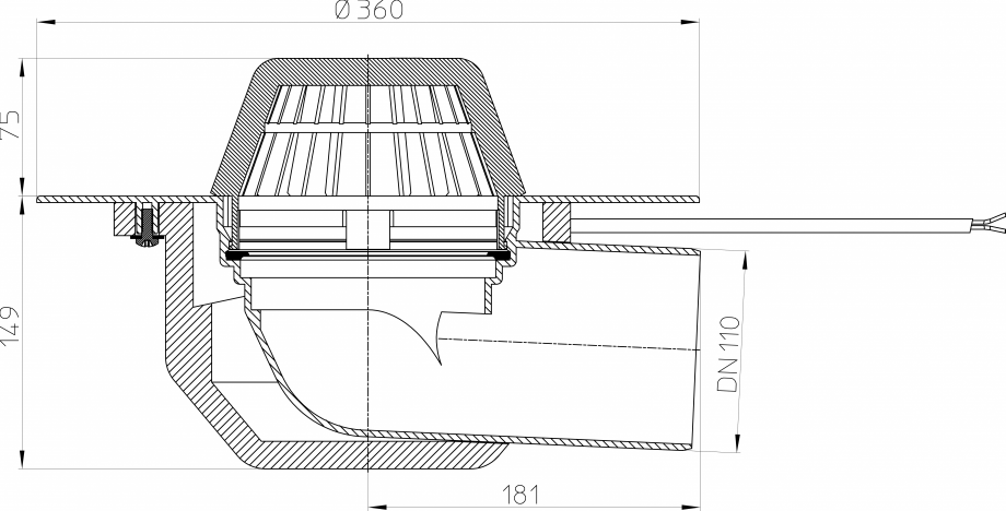Pagina 1-Desen tehnic: Receptor cu scurgere orizontala pentru acoperis, cu guler din PP si incalzire HL64...
