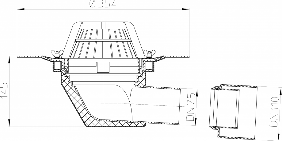 Pagina 1 - Desen tehnic: Receptor cu iesire orizontala DN75/110 pentru acoperis HL Hutterer &...