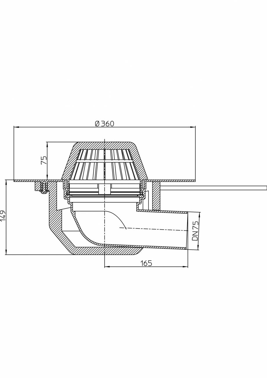 Pagina 1-Desen tehnic: Receptor de acoperis cu scurgere orizontala, cu guler din PP si incalzire HL64.1F/7 HL...
