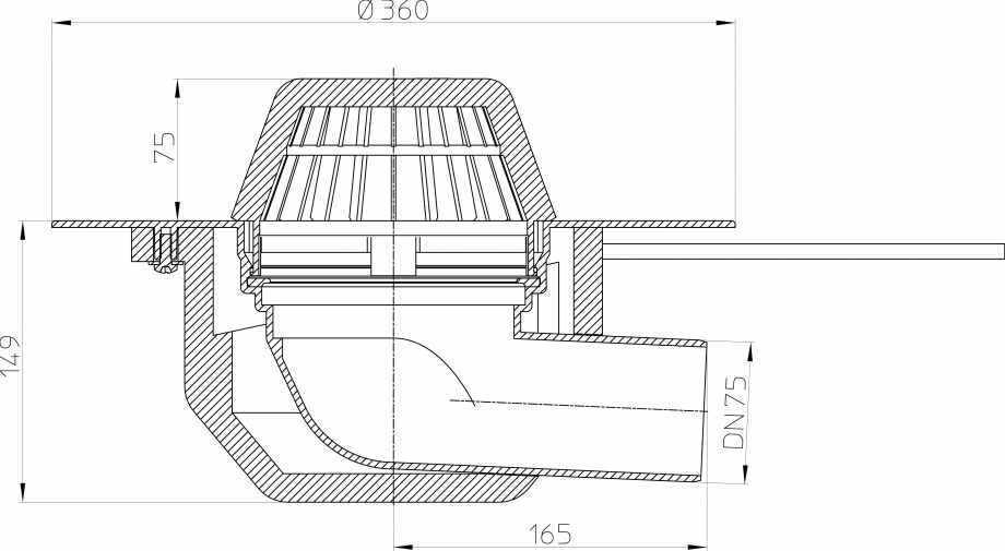 Pagina 1-Desen tehnic: Receptor cu scurgere orizontala pentru acoperis, cu guler din PP si incalzire HL64...
