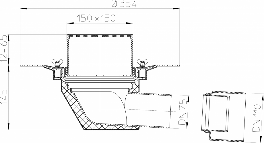 Pagina 1-Desen tehnic: Receptor pentru acoperis circulabil, DN75/110 cu iesire orizontala HL Hutterer &...