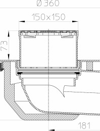 Desen tehnic Receptor cu scurgere orizontala pentru acoperis cu guler din PP si gratar pentru trafic