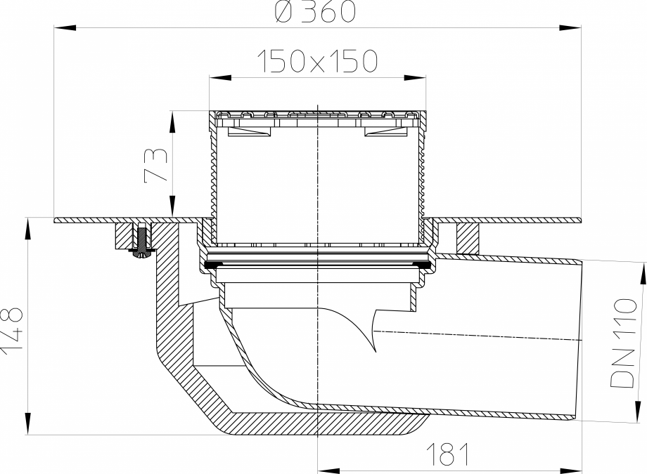Pagina 1-Desen tehnic: Receptor cu scurgere orizontala pentru acoperis, cu guler din PP si gratar pentru...