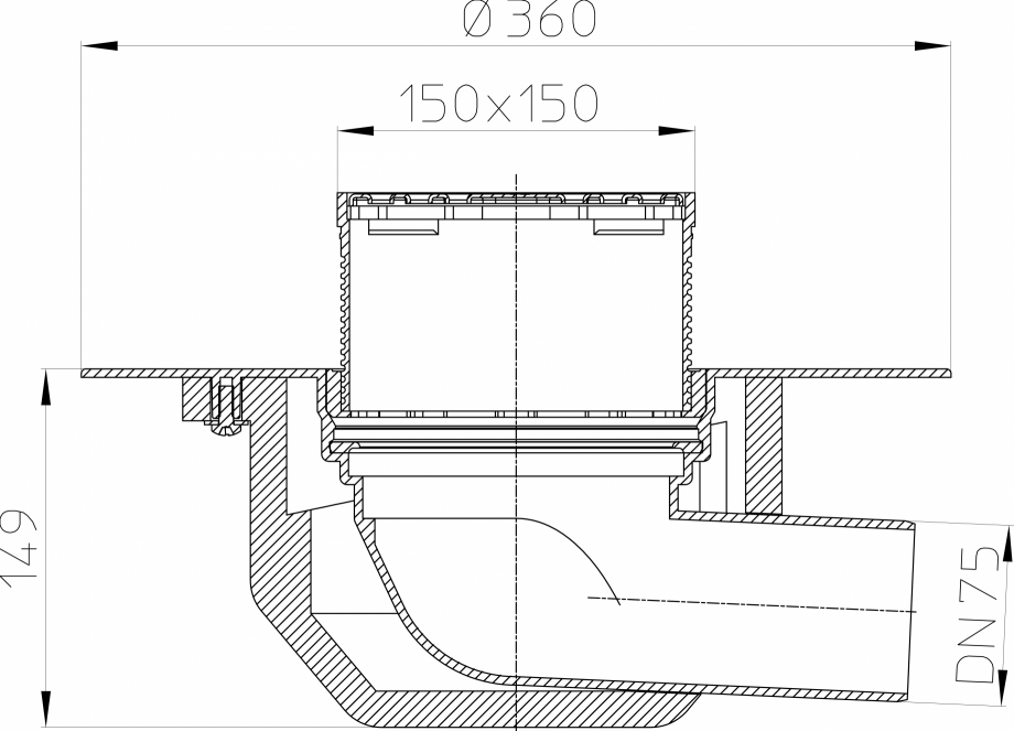 Pagina 1-Desen tehnic: Receptor cu scurgere orizontala pentru acoperis, cu guler din PP si gratar pentru...