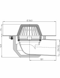 Desen tehnic: Receptor cu scurgere orizontala pentru acoperis, cu guler din PP HL64F/1