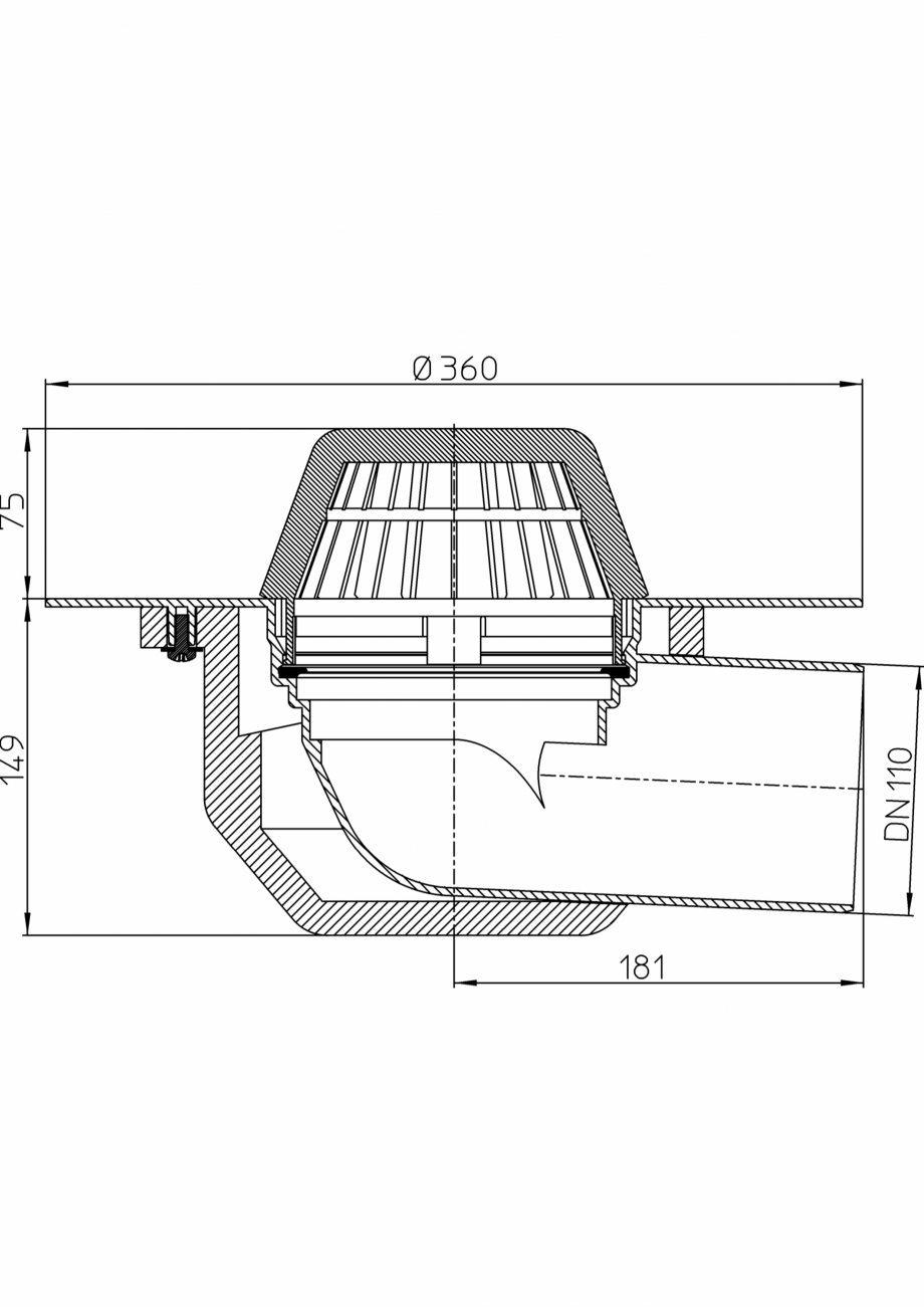 Pagina 1-Desen tehnic: Receptor cu scurgere orizontala pentru acoperis, cu guler din PP HL64F/1 HL Hutterer...
