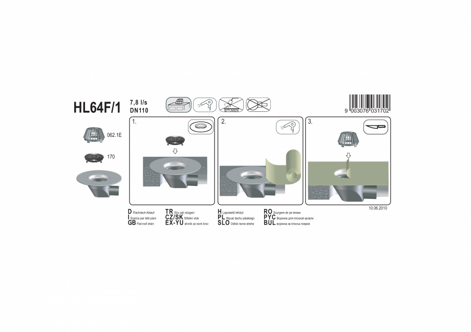 Pagina 1-Exemplu montaj: Receptor cu scurgere orizontala pentru acoperis, cu guler din PP HL64F/1 HL Hutterer...