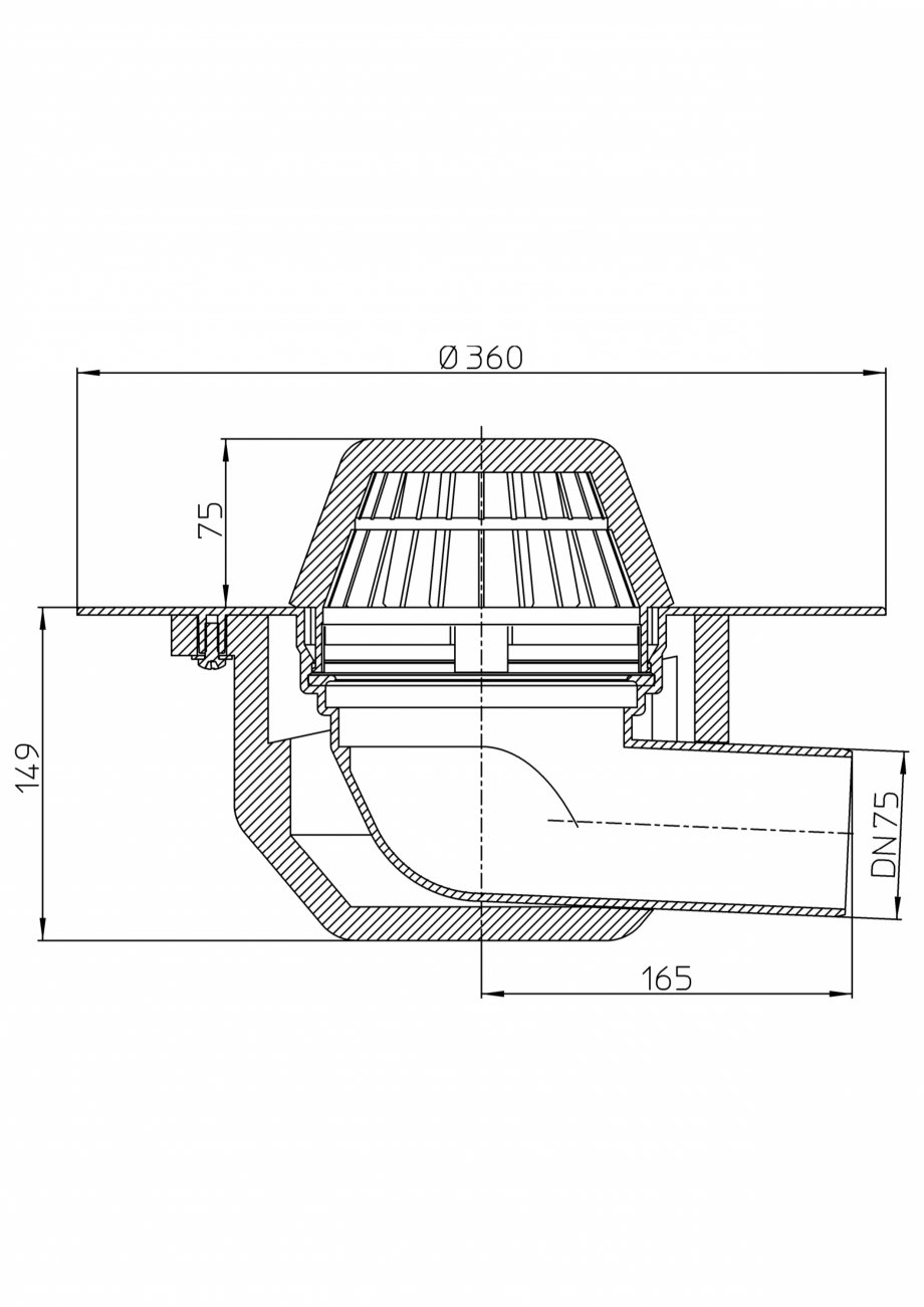 Pagina 1-Desen tehnic: Receptor cu scurgere orizontala pentru acoperis, cu guler din PP HL64F/7 HL Hutterer...