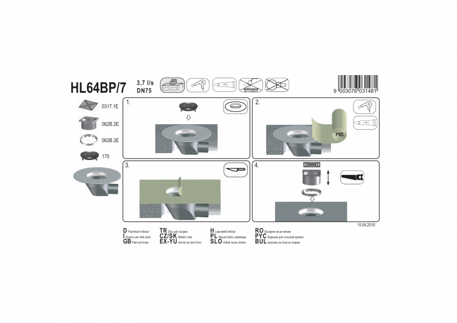 Pagina 1-Exemplu montaj: Receptor cu scurgere orizontala pentru acoperis, cu guler din PP si gratar pentru...