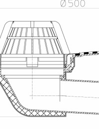Desen tehnic: Receptor cu iesire orizontala pentru acoperis DN75/110, cu manseta din bitum