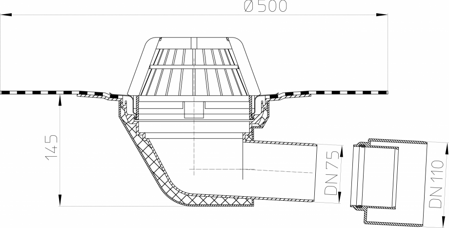 Pagina 1-Desen tehnic: Receptor cu iesire orizontala pentru acoperis DN75/110, cu manseta din bitum HL...
