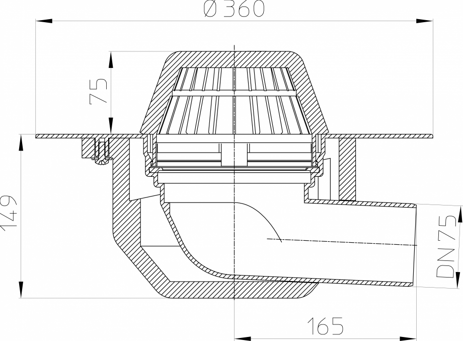 Pagina 1-Desen tehnic: Receptor cu scurgere orizontala pentru acoperis, cu guler din PP HL64P/7 HL Hutterer...