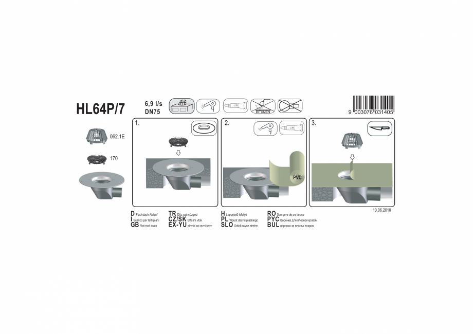 Pagina 1-Exemplu montaj: Receptor cu scurgere orizontala pentru acoperis, cu guler din PP HL64P/7 HL Hutterer...