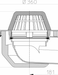 Desen tehnic: Receptor cu scurgere orizontala pentru acoperis, cu guler din PP HL64P/1