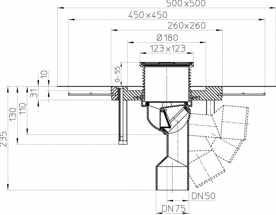 Pagina 1-CAD-PDF Desen tehnic: Receptor pentru balcon si terasa DN50/75, cu guler din beton polimer CeraDrain...