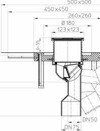 Desen tehnic: Receptor pentru balcon si terasa DN50/75, cu guler din beton polimer CeraDrain