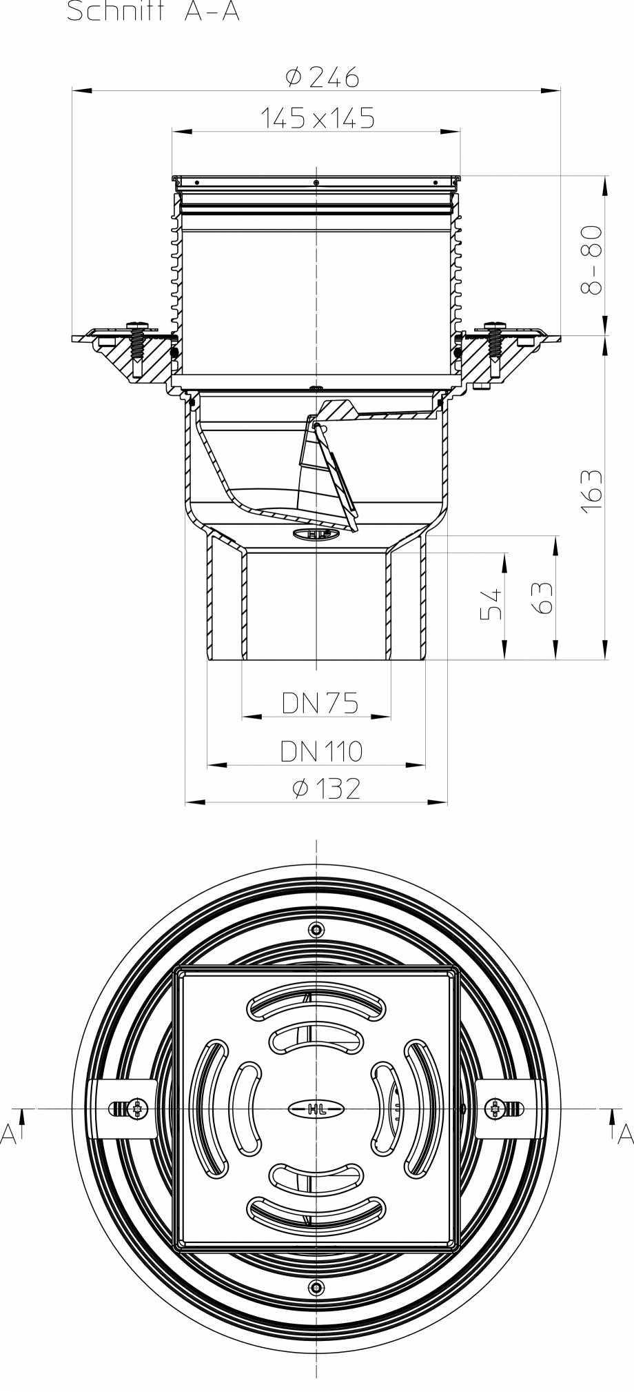 Pagina 1-CAD-PDF Desen tehnic: Sifon vertical pentru balcon si terasa cu iesirea la scurgere DN75/110 HL...