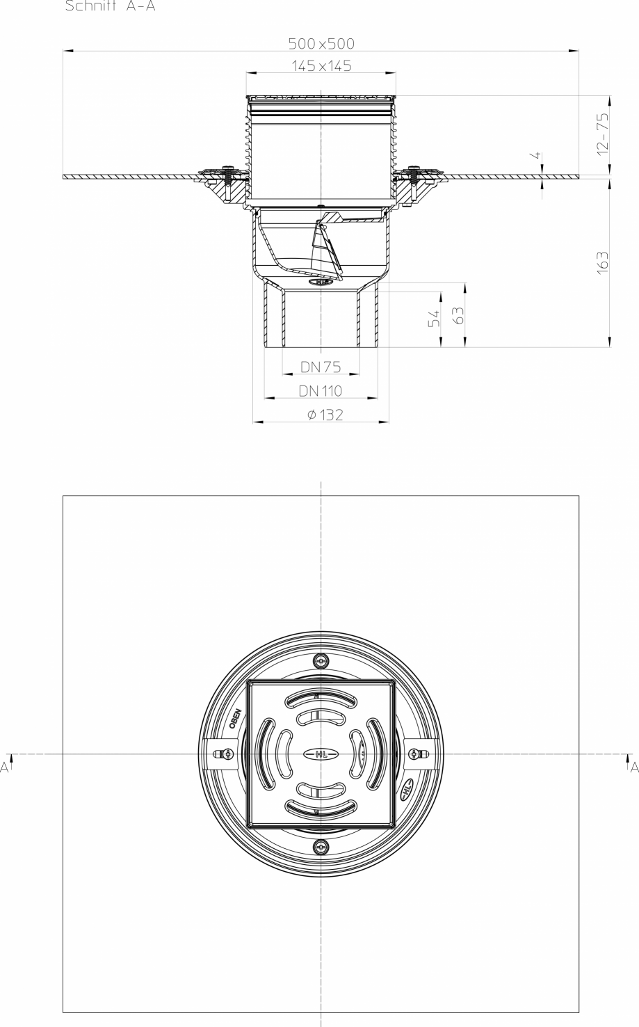 Pagina 1 - CAD-PDF Desen tehnic: Sifon vertical pentru balcon si terasa DN75/110, cu manseta din...